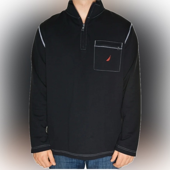 Nautica Men's Half Zip Mock Neck Sweatshirt 100% Cotton Casual Black Size 2XL - Picture 1 of 12
